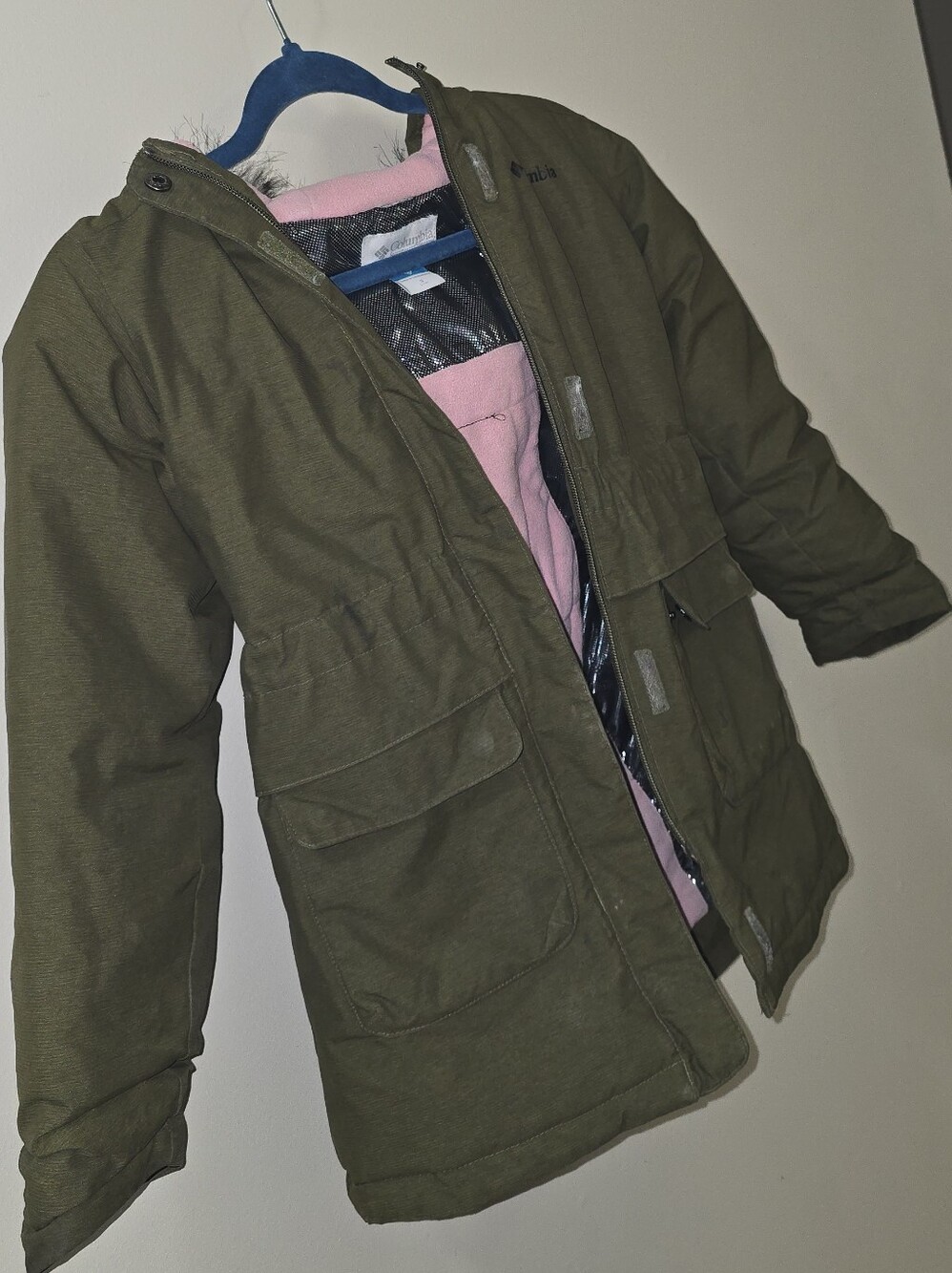 Olive Green Parka Jacket with Pink Lining